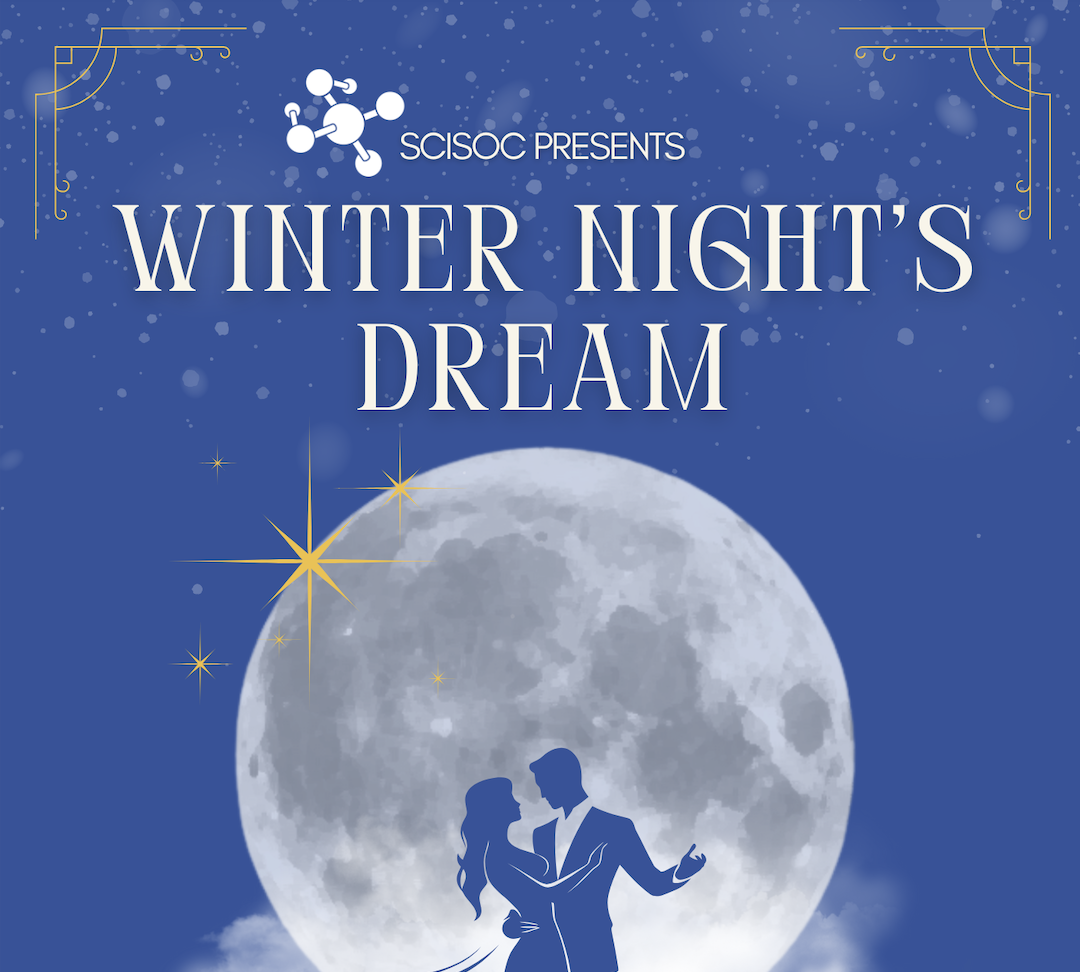 An elegant couple stands silhouetted against a large moon, their figures casting shadows on the snow. Above them, "Winter Night's Dream" shimmers in the starry sky, as if painted by the Science Society itself.